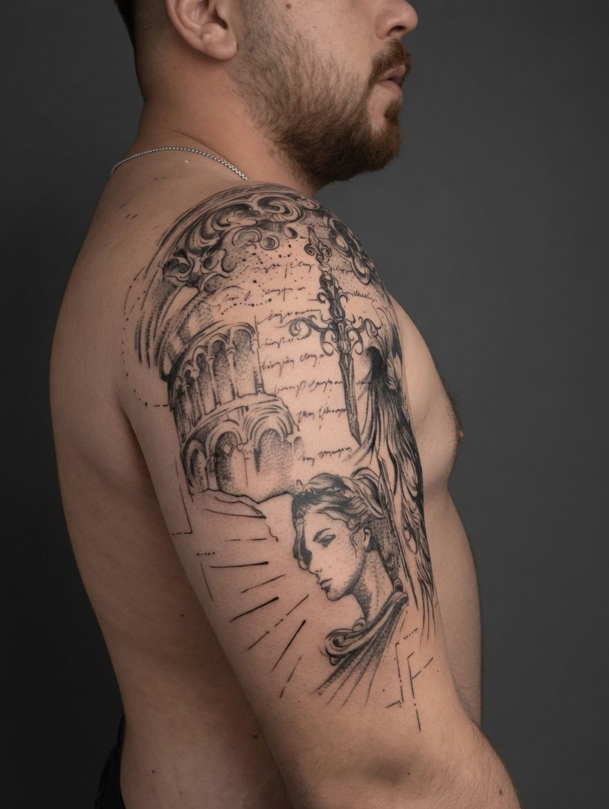 Sinop blackwork omuz dövmesi — heykel, kılıç ve el yazısı kompozisyonu, GreenGallery Tattoo