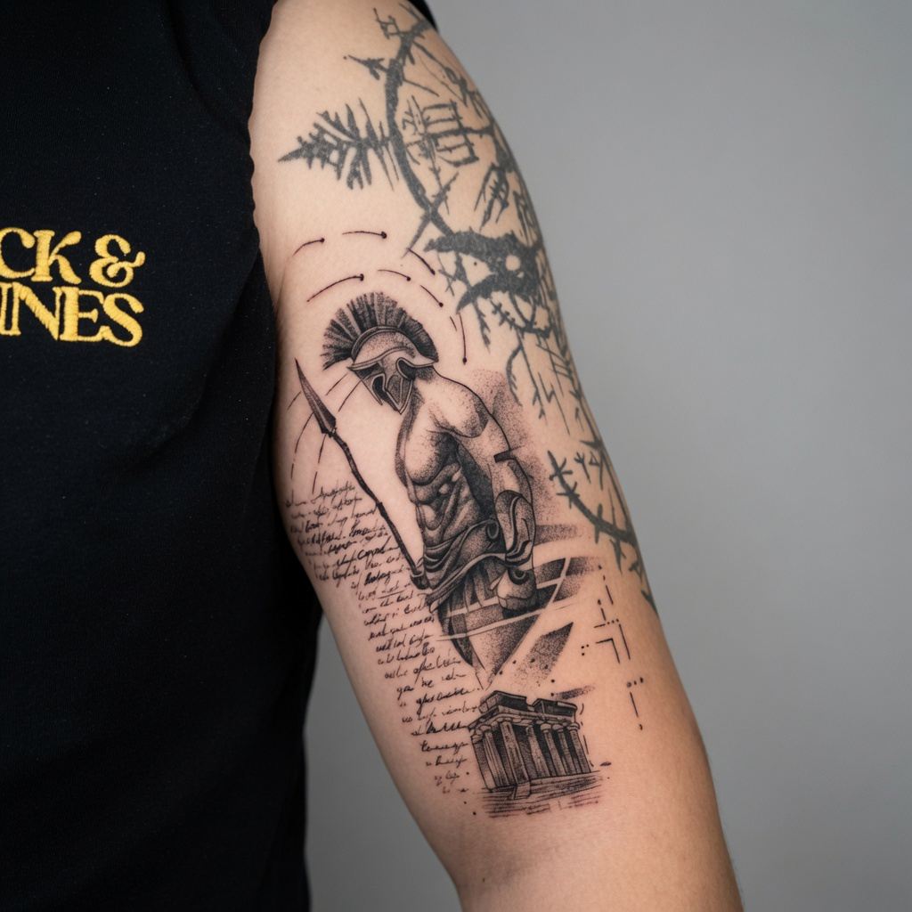 Sinop dotwork üst kol dövmesi — Spartalı savaşçı ve Parthenon, GreenGallery Tattoo